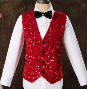 Red sequined jazz dance vests for boys kids children flower boys wedding party pianist host singers choir performance sparkle vest 